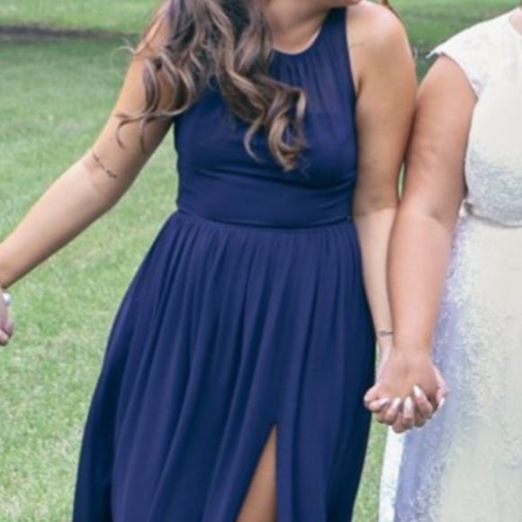 Floor Length Navy Blue Bridesmaid Dress - Picture 2 of 6